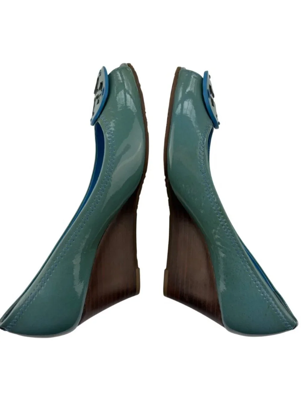 Tory Burch Patent Leather Peep Toe Wedge Pumps Blue Green RARE Colorway Size 8